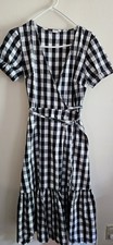GAP Black White Gingham Wrap Midi Dress XS V-Neck Short Sleeve Tie Belt
