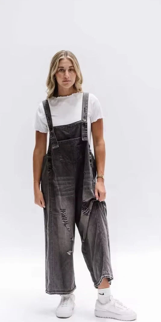 Women’s Distressed Denim Bib Overalls Adjustable Strap Wide Leg Loose Fit