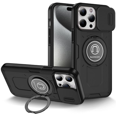 For iPhone 15 Pro Max Case Sliding Lens Cover Metal Ring Stand +2 Tempered Glass