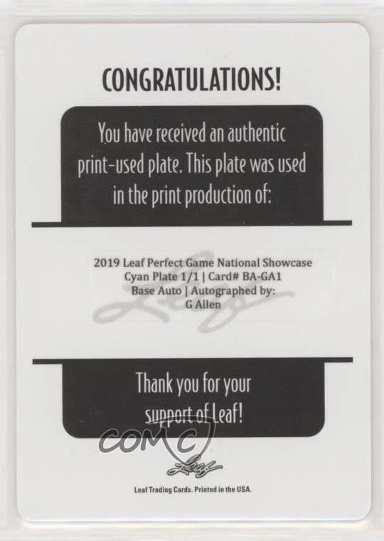 2019 Leaf Perfect Game National Showcase 1/1 G Allen #BA-GA1 Auto nd3 - Image 2 of 3