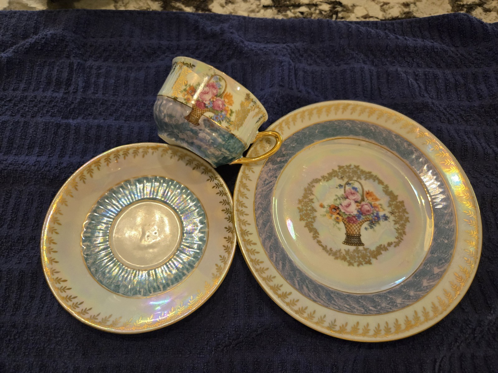 Vintage Iridescent Schaller Bavaria Tea Cup Saucer And Dessert Plate Set. 