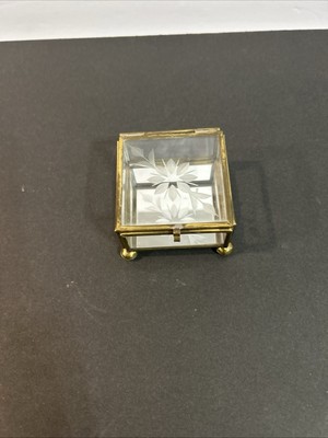 VTG. Small Glass Trinket dish jewelry box hinged lid 3 1/2x 3 ''  Mirror bottom