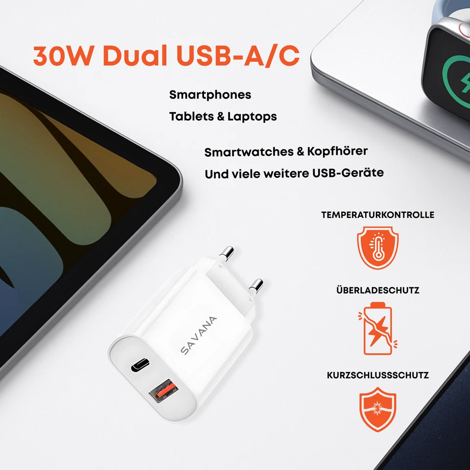 SAVANA 30W DUAL USB-A+C Schnellladegerät Netzteil Adapter Charger ink 1.2M Kabel - Bild 4 von 4