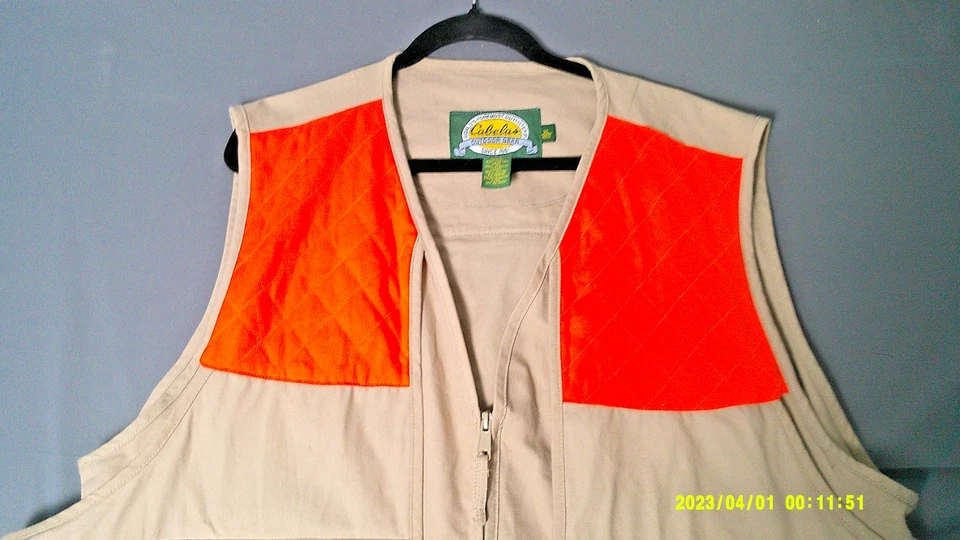 Cabela's Fowl Hunting Vest XL Tan Orange Safety Pocket Storage Canvas Duck Pouch - Image 2 of 4