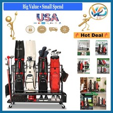 Golf Bag Organizer Garage Storage Rack with Wheels, Holds 4 Golf Bags