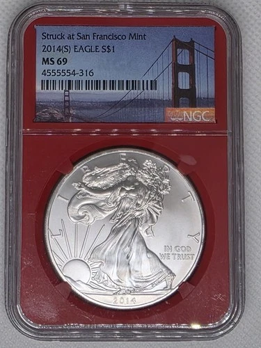 2014 (S) American Silver Eagle NGC MS69 Struck At San Francisco Bridge RED Core