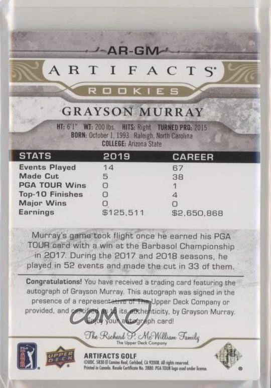 2021 Upper Deck Artifacts Auto Rookies Gold /25 Grayson Murray #AR-GM Auto - Image 2 of 2