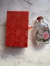 China Beijing Glaze Inside Painting Flower Bird Snuff Bottle With Satin Box