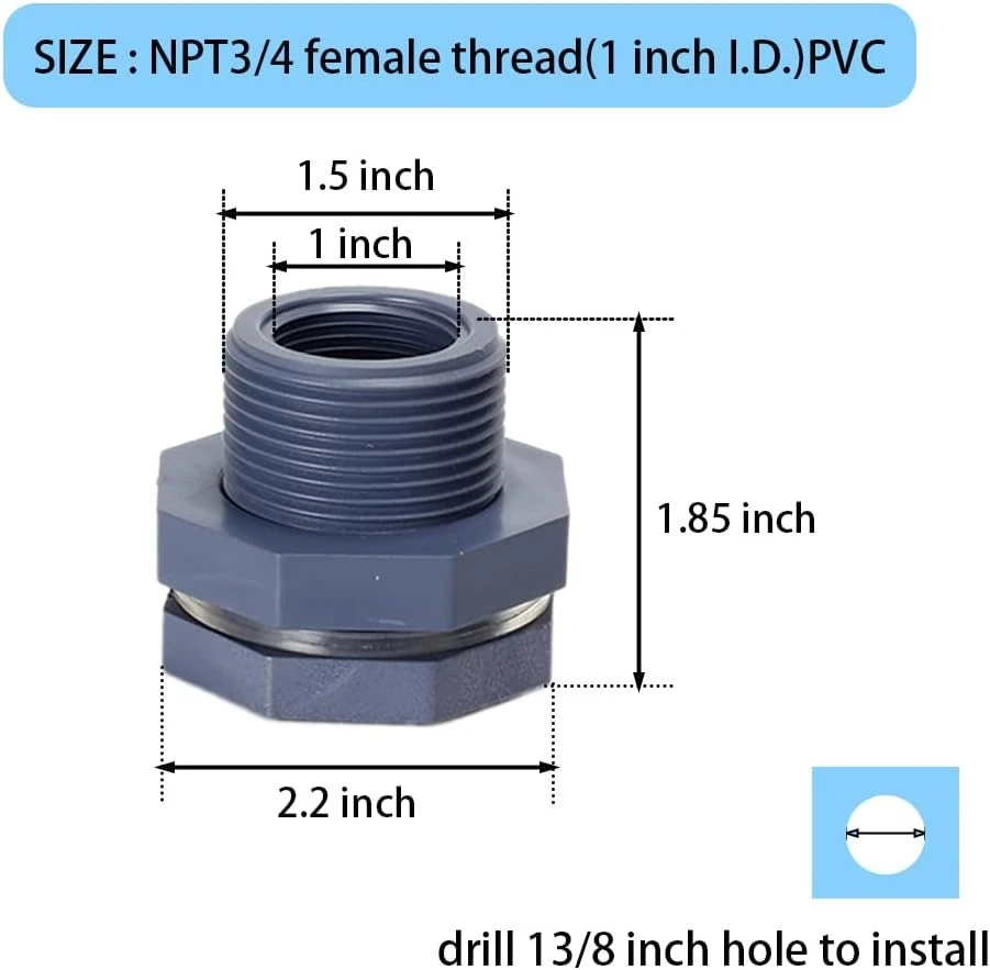 2 Piezas 3/4 Pulgadas PVC NPT3/4 Hilo Hembra (1 Pulgada I.D.) PVC, gris/blanco Foto 2 de 4