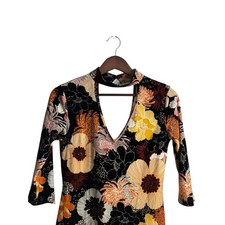 Womens Mini Dress Oriental Retro Print Velvet Bodycon Cut Out Dress Small V Neck