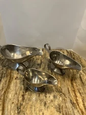 Set of 3 Vintage INOX  Stainless Steel Gravy Boat/Creamer 5,6and 8”. Hong Kong
