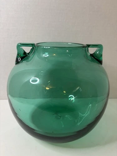 Blenko Handmade Glass 68 Two Handled Rose Bowl in Sea Green Early Pre-Designer
