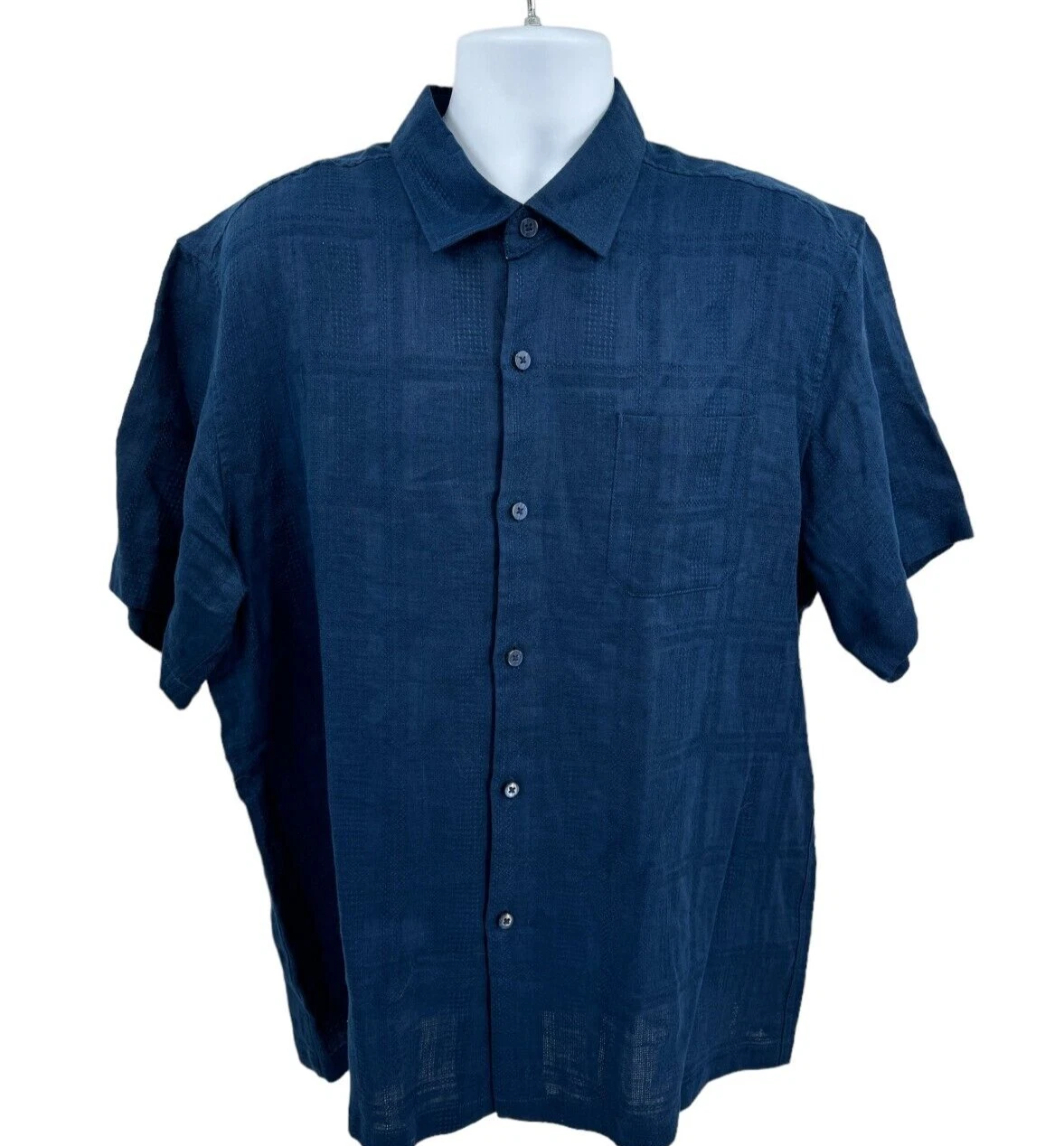 Tommy Bahama Textured Blue Short Sleeve Linen Hawaiian Shirt Mens Size XL