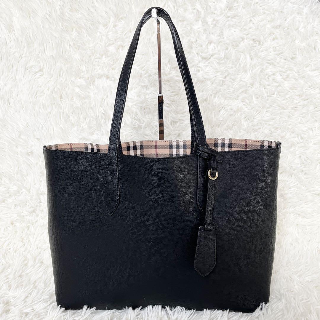 Burberry Tote Bag Reversible Nova Check Shadow Horse Leather PVC Black
