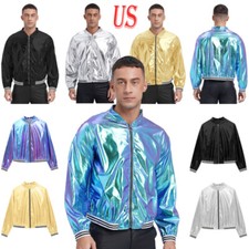 US Men's Metallic Jacket Shiny Bomber Jackets Christmas Varsity Jacket Clubwear