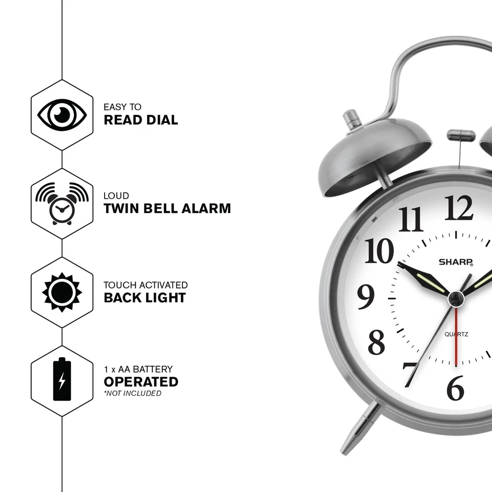 SHARP Twin Bell Quartz Analog Alarm Clock, Silver Brushed Metal - Image 3 of 4