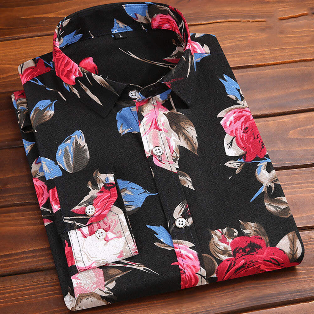 Camisa de manga larga floral coreana ajustada para hombre - Elegante uso informal en varios