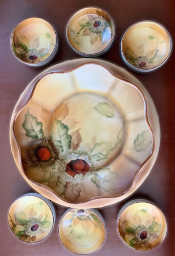 Vtg Nippon Hand Painted Scalloped Edge Nut Bowl Snack Set Chestnut Fall Colors - Picture 1 of 10
