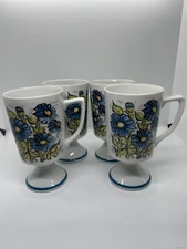 Set Of 4 Stylecraft 1283 Pedestal Mugs With Blue Flowers 5 1/2” Tall Vtg. Japan
