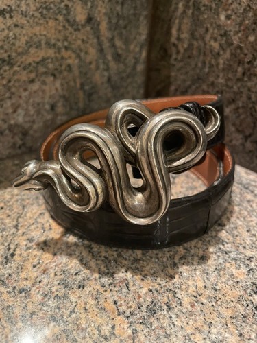 Kieselstein-Cord Sterling Snake MIDSIZE Buckle And Black Alligator Belt Size 2