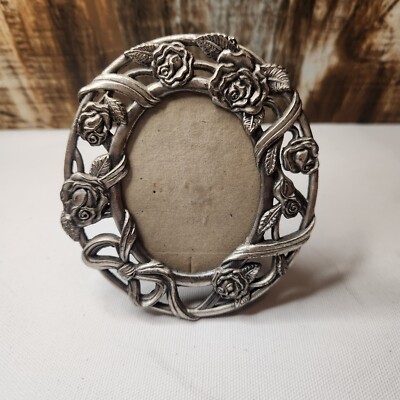 Vtg Art Nouveau Oval Metal 3D Rose Flower Floral Ribbon Pewter Photo Frame 4''