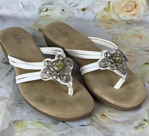Rialto Comfort Sandals Womens 7.5 M Straps Thong Slip On White Bling Stones - Picture 3 of 12