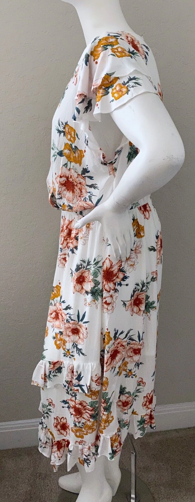 OFF WHITE Abito Velzera floreale con volant manica corta alto basso bianco sporco più 1XL 2XL 3XL nuovo