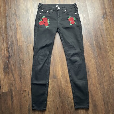 True Religion Black Super Skinny Rose Embroidered Jeans Womens Size 29x29