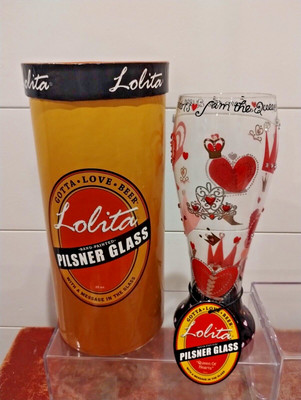 Lolita Designs Hand-Painted 22 oz Beer Glass~~''QUEEN OF HEARTS''~~Pilsner~NEW! L2