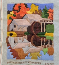 Vtg 1978 Finished Needlepoint Artwork Country Mill Water Reflection 11" x 13"