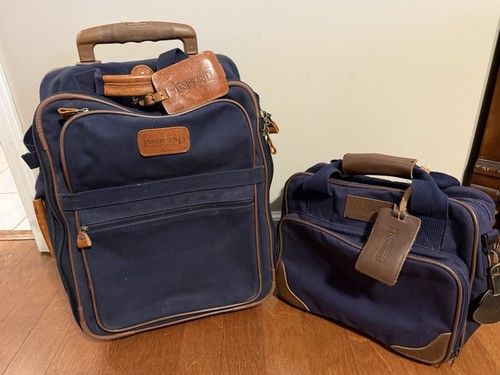 VTG Lands' End 22" Wheeled Carryon Suitcase & Personal Bag Canvas w Leather Trim
