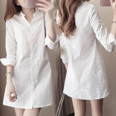 Wei?es Damenhemd Damen Langarm Kn?pfe Slim Fit Mini Shirt Kleid Tops