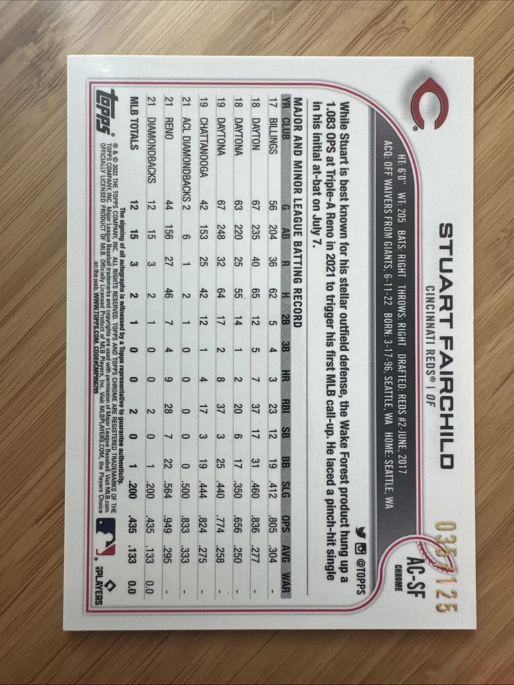 Stuart Fairchild 2022 Topps Chrome Update /125 Auto X-Fractor Reds #AC-SF - Image 3 of 3