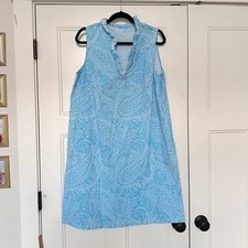 J McLaughlin Dress Womens Large Ruffle Neck Sleeveless Shift Aqua Poplin Cotton
