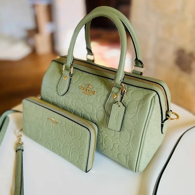 Coach Rowan Satchel Bag In Signature Leather CEW03 Gold/Pistachio