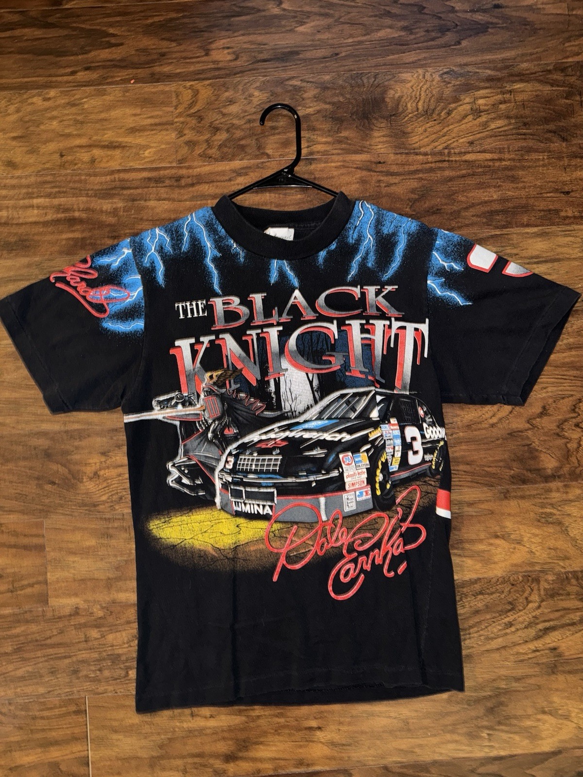 Vintage NASCAR Black Knight T-Shirt Medium Lightning All Over Print