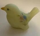 Vintage Fenton Yellow Satin Glass Bird Hand Painted and Signed, Pastel Floral
