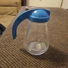 Vtg Glass Syrup Honey Dispenser Federal Tool Corp Blue Top Metal Slide 6x3.5"