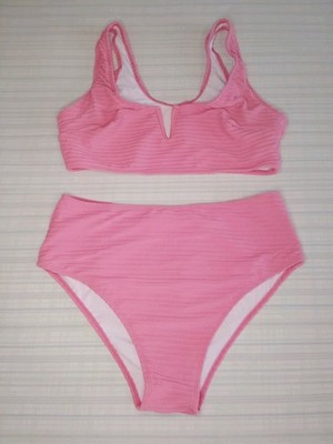 Pink Bikini Set Womens 1XL High Neck Crop Top High Waist Slit Bottom Ribbed Swim