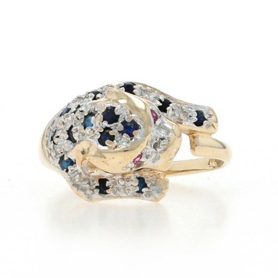 Gelbgold Saphir Rubin Gepard Ring - 14k rund 0,64ctw Raubkatze Cluster