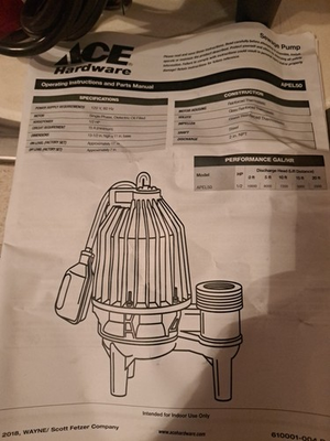 #ad #ad Ace Wayne Submersable Sewage Pump 7800 GPH 1 2 HP NEW NO BOX $99.99