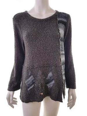 VINTAGE Damen Pullover Gr. M Grau Acryl Leichter Strick Langer Ärmel Schleife