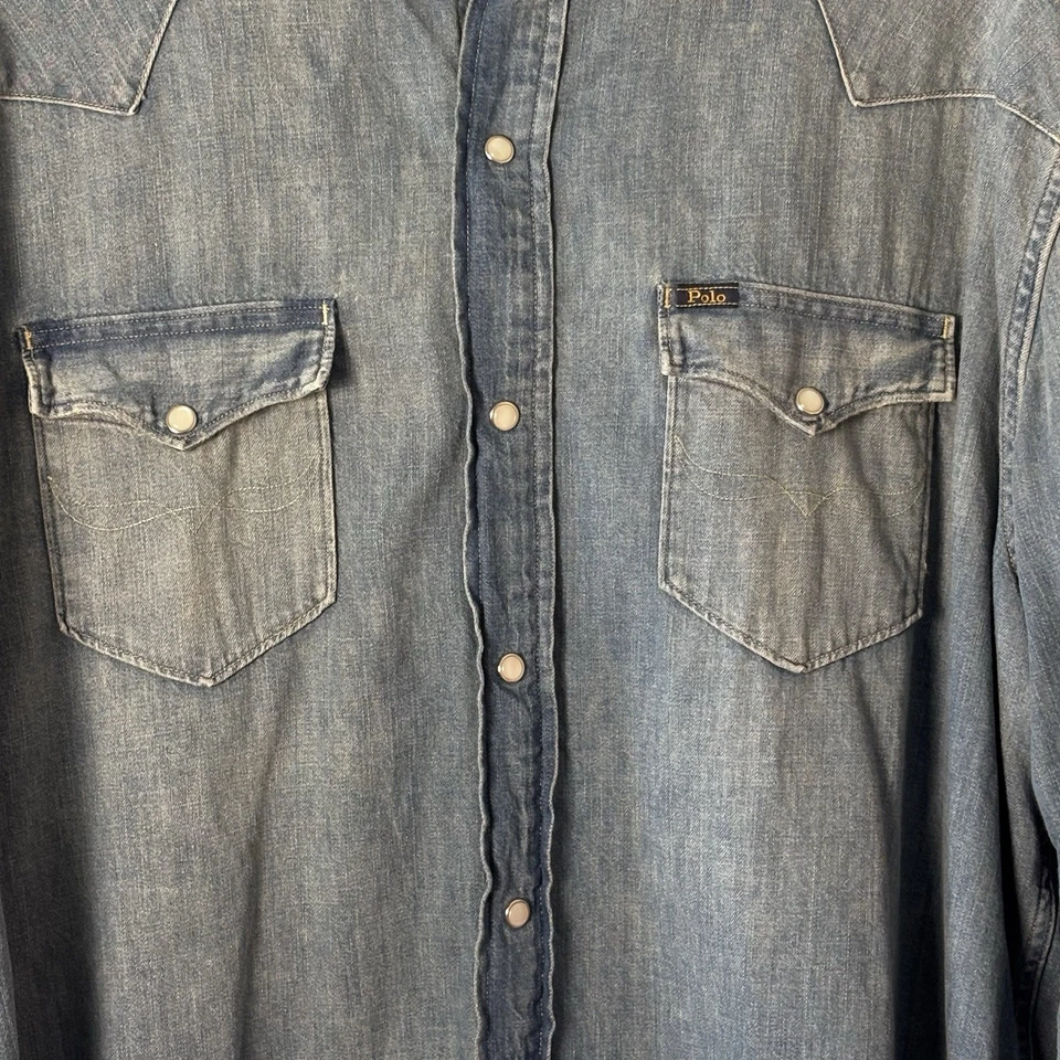Рубашка мужская Polo Ralph Lauren 2XL синяя джинсовая ткань вестерн пэчворк искусственно состаренная - Изображение 2 из 4