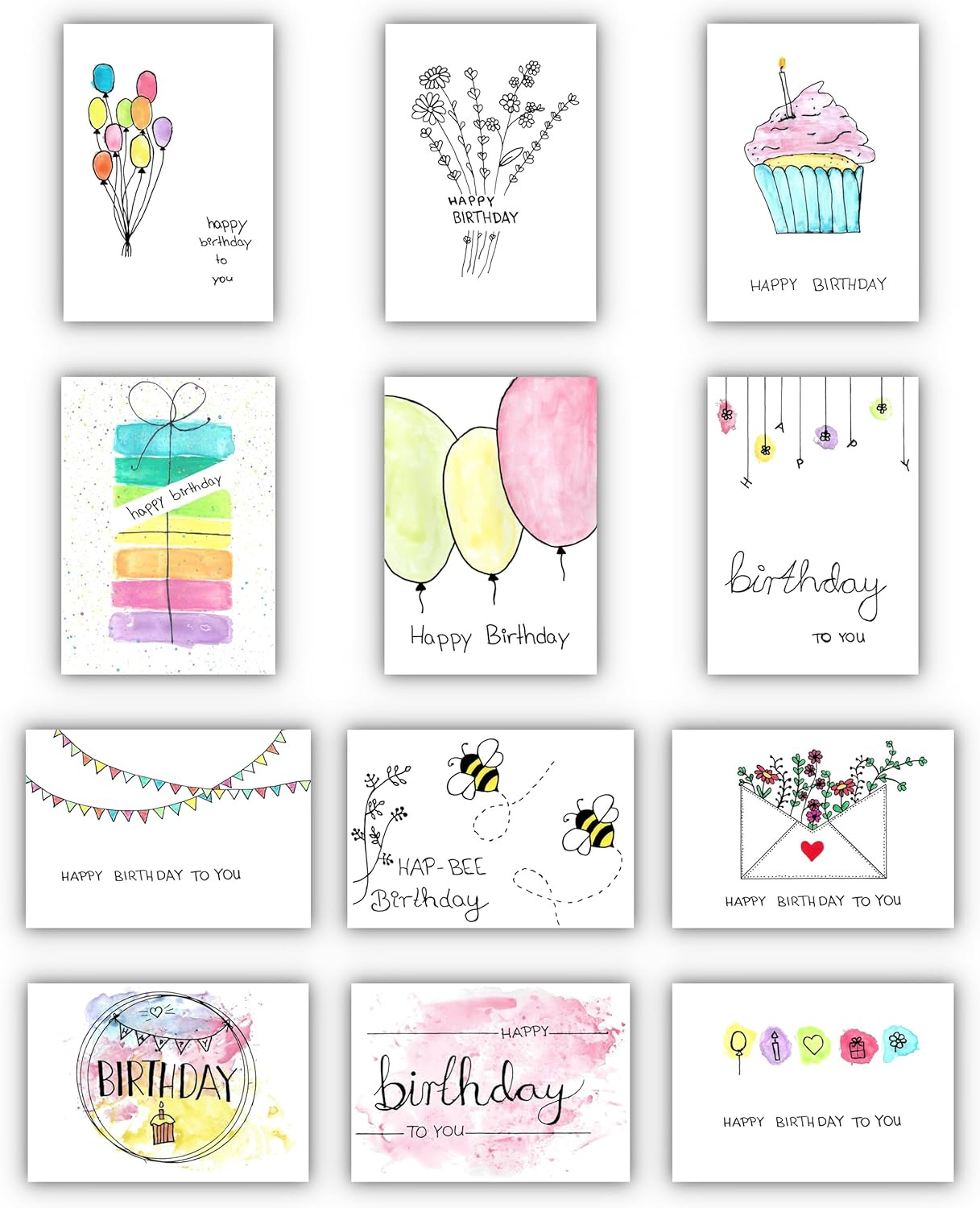 12 Geburtstagskarten Umschlägen Klappkarten Set Happy Birthday Handgemalte