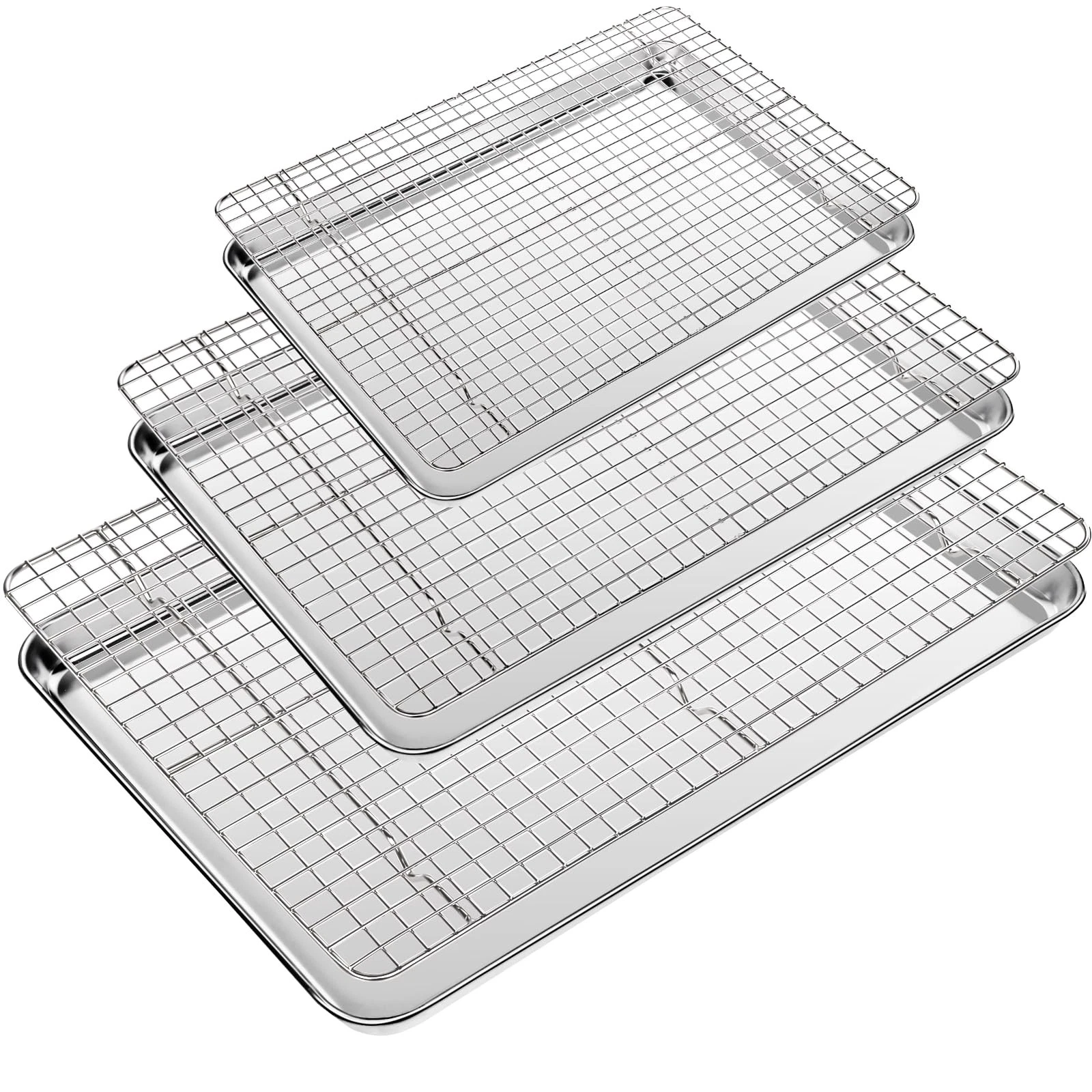 CEKEE Baking Sheet with Wire Rack Set of 6 (3 Cookie 9+12+16 Inch, Silver