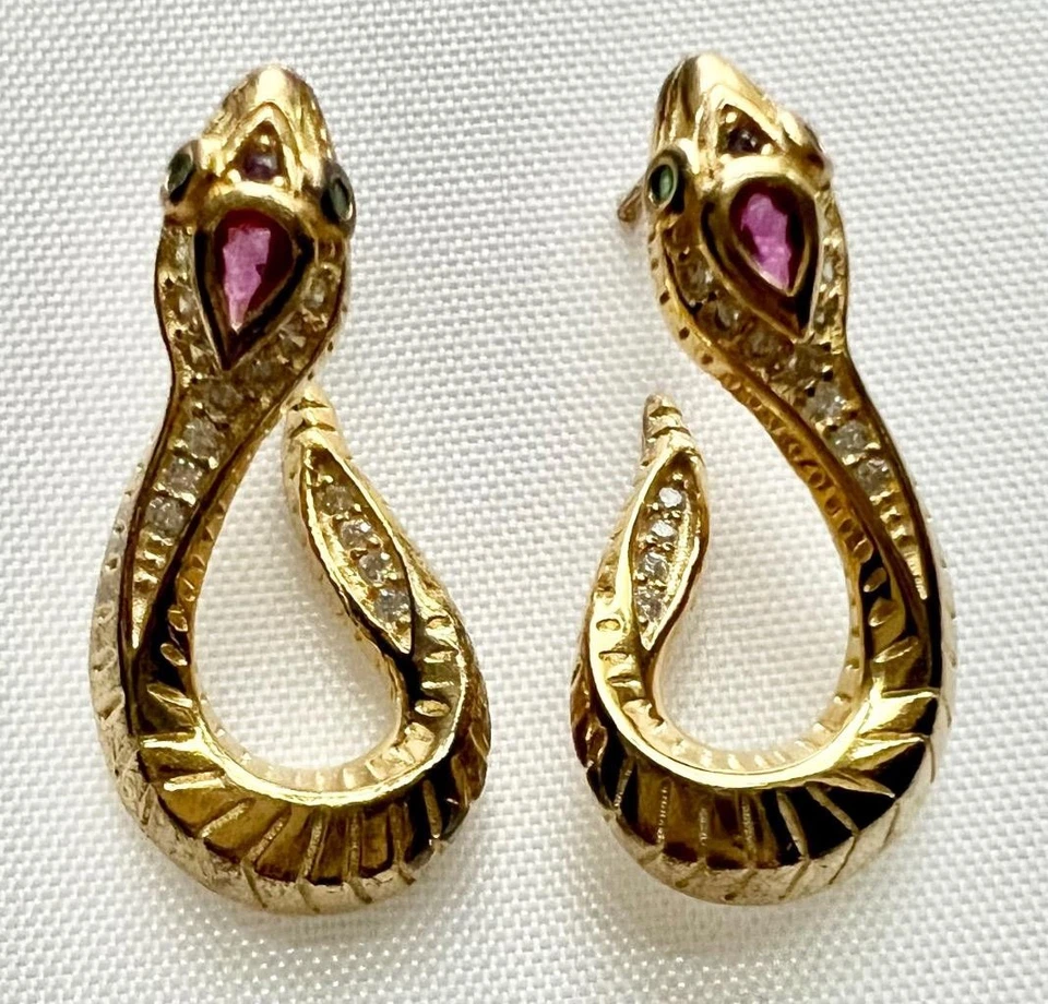 Snake Earrings 14K Gold on Solid 925 REAL Genuine Ruby Diamond Emerald - Image 3 of 4