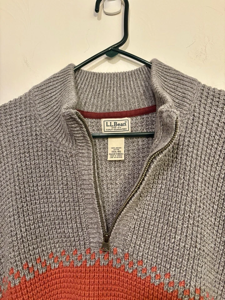 SUÉTER L.L.BEAN HOMBRE 3XL GRIS PESADO NARANJA GRANATE COLOR BLOQUE QRTR CREMALLERA GOFRE. Foto 3 de 4