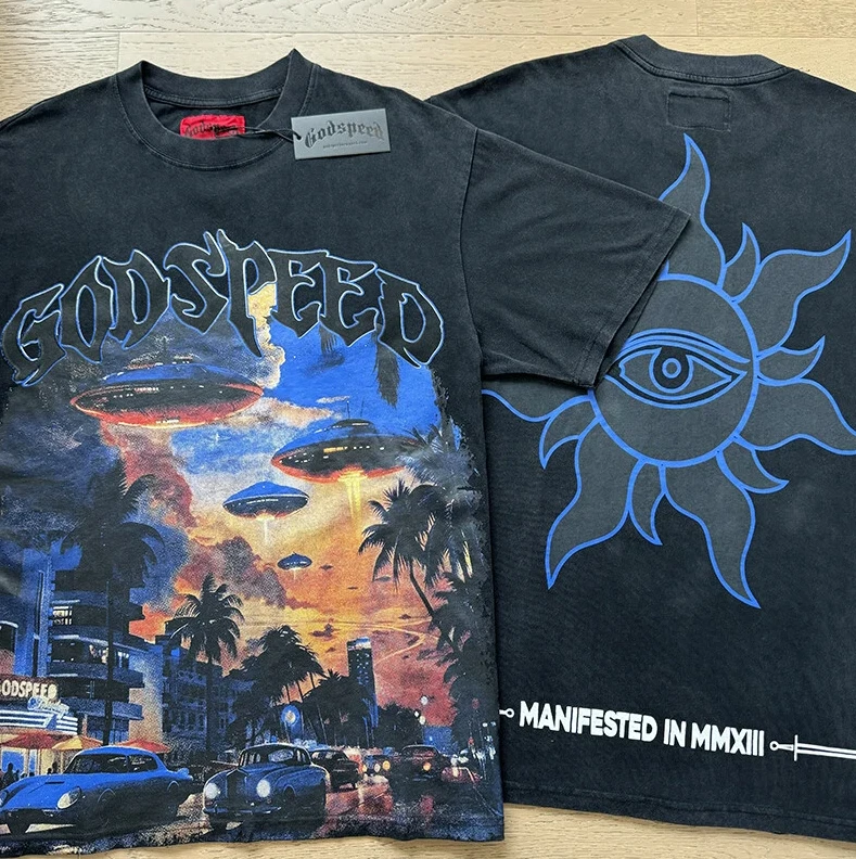 NUEVO Para Hombres Godspeed Urbano Estampado OVNI Camiseta Lavada Manga Corta Camiseta Talla S-XL Foto 3 de 4