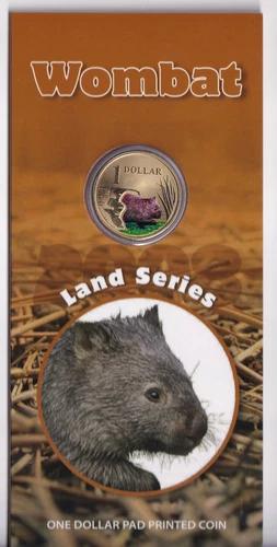 AUSTRALIAN: 2008 $1 LAND SERIES WOMBAT COLOURED PRINTED COIN ON CARD #M3902
