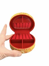 Round Travel Jewelry Box Yellow Floral Fabric Red Velvet Organizer Ring Holder